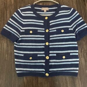 J.Crew Cashmere short-sleeve Cardigan in Dark Evening Serenity Stripe S